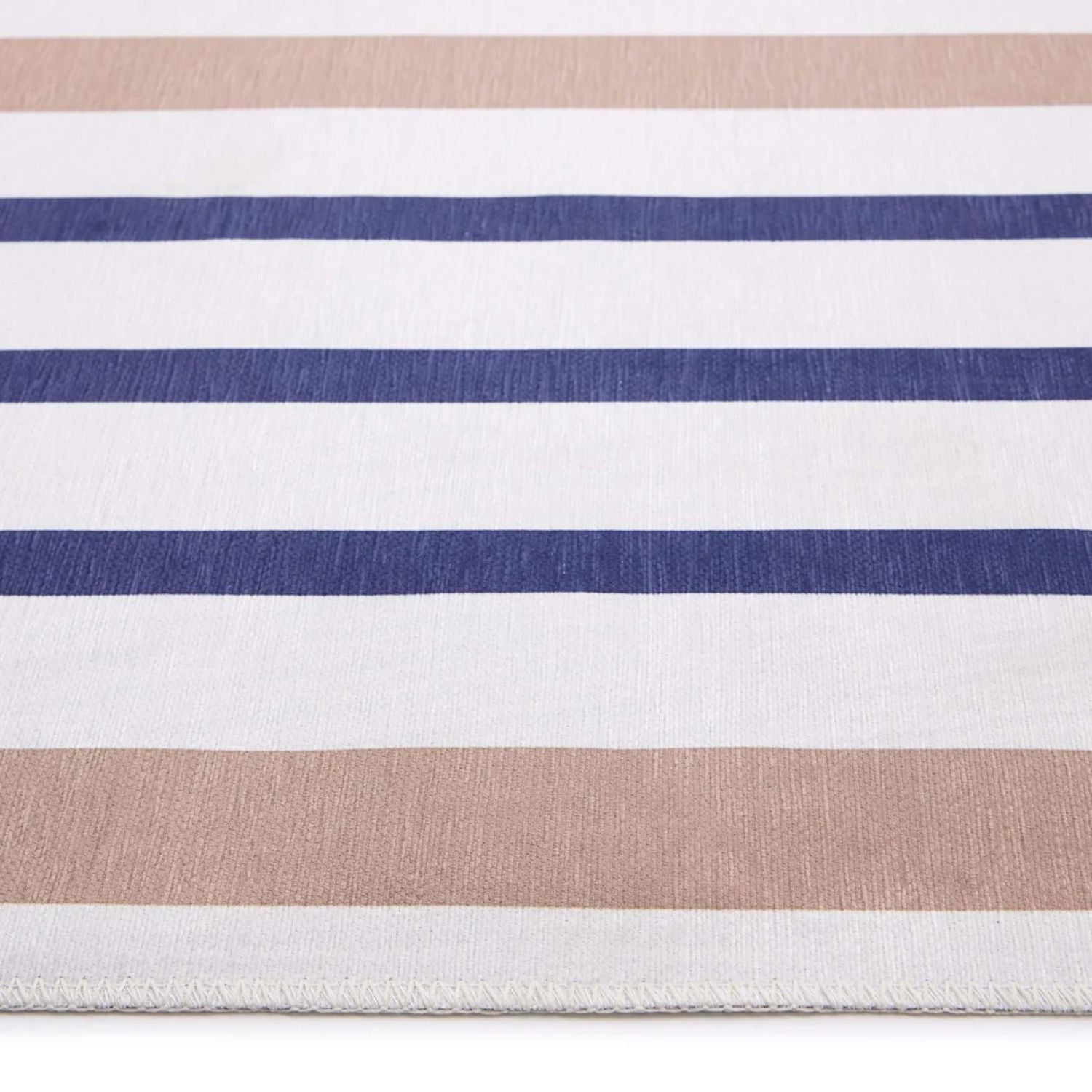 Close-up of a fabric with horizontal stripes in beige, white, and blue.