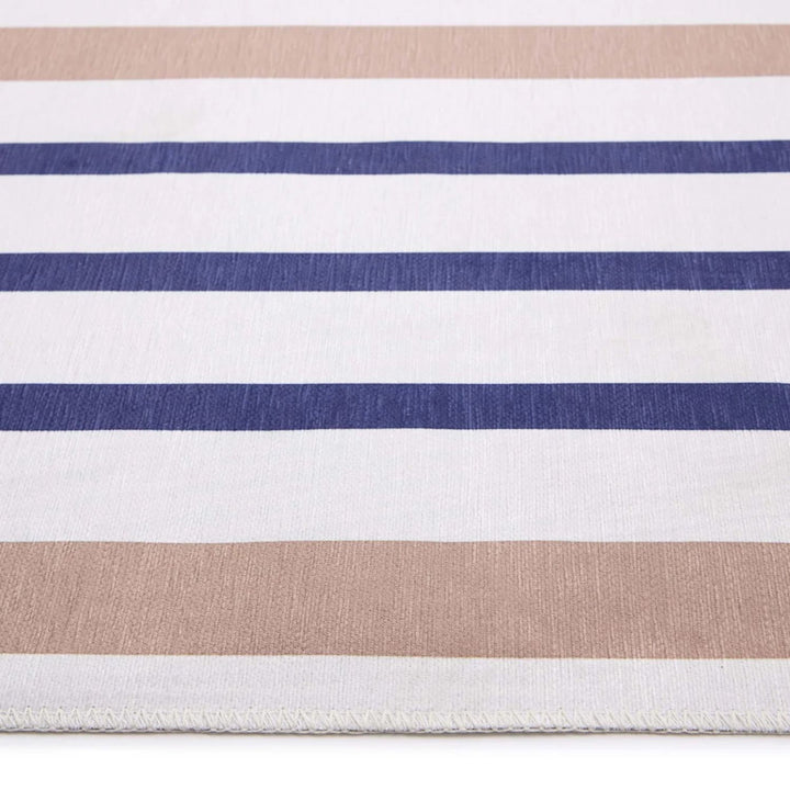 Close-up of a fabric with horizontal stripes in beige, white, and blue.