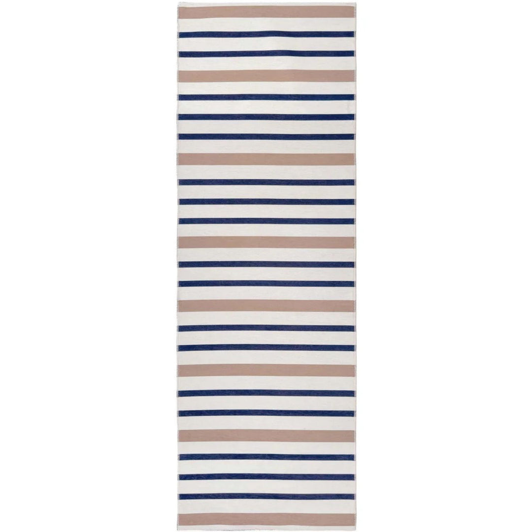 Striped rug with blue and beige stripes on a white background