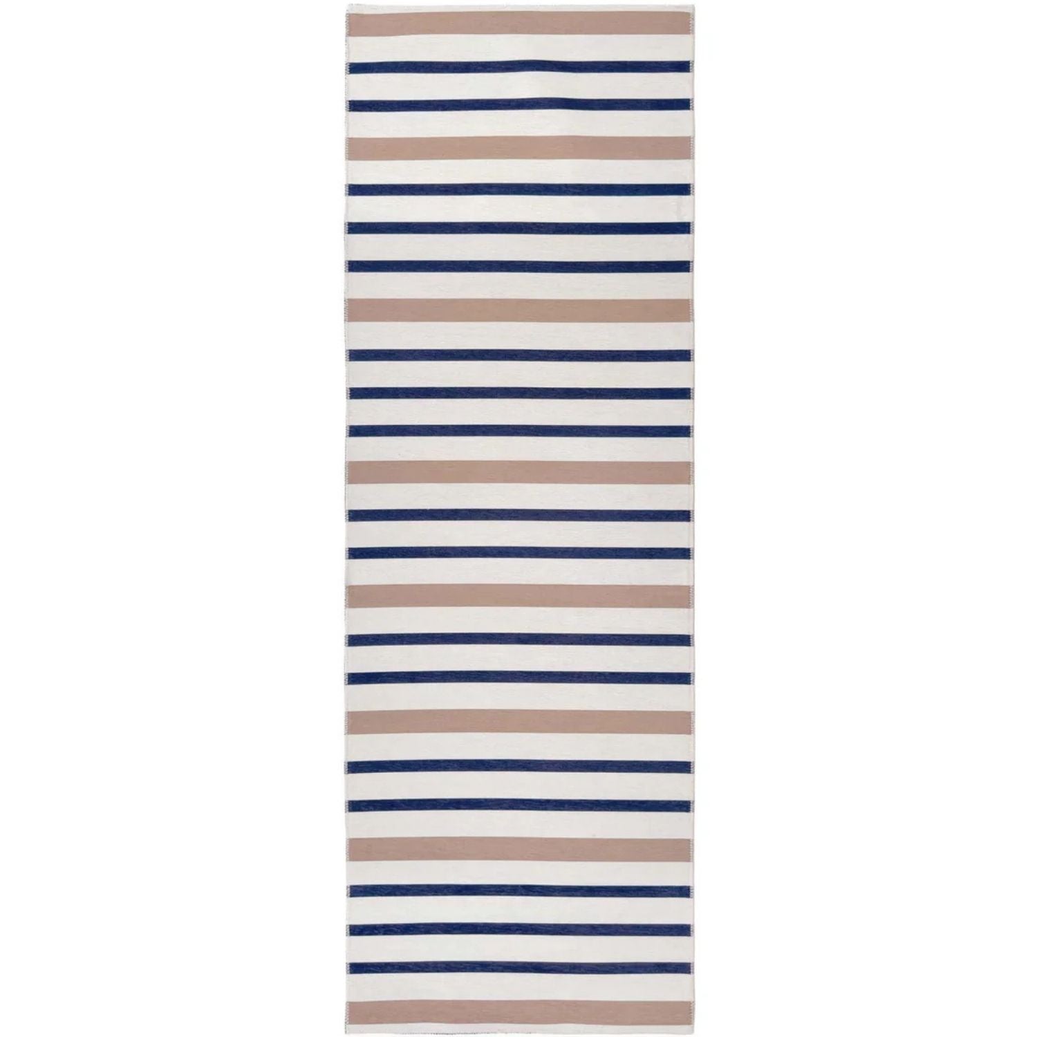 Striped rug with blue and beige stripes on a white background