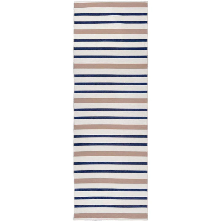Striped rug with blue and beige stripes on a white background