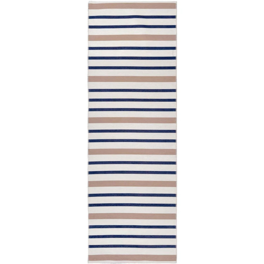 Striped rug with blue and beige stripes on a white background