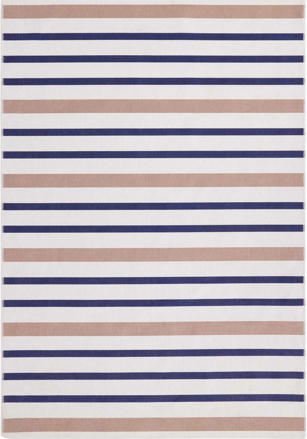 Striped rug with blue and beige stripes on a white background