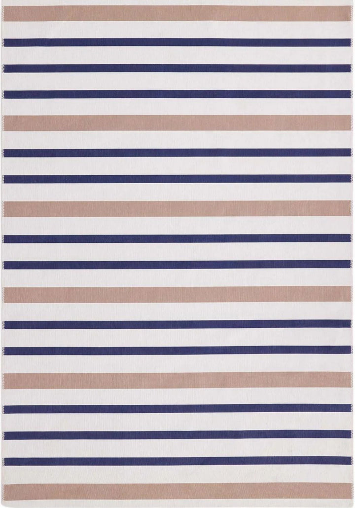 Striped rug with blue and beige stripes on a white background