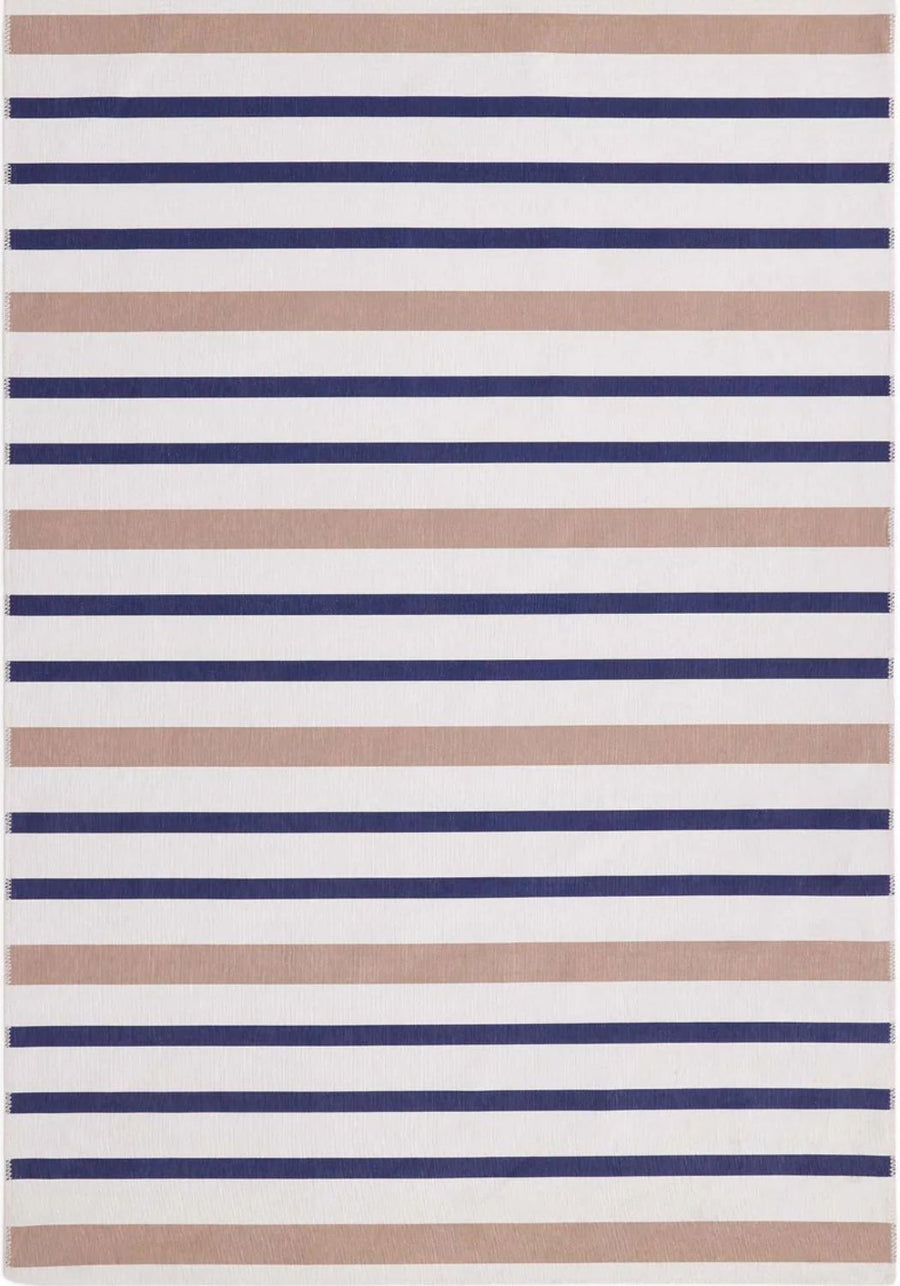 Striped rug with blue and beige stripes on a white background