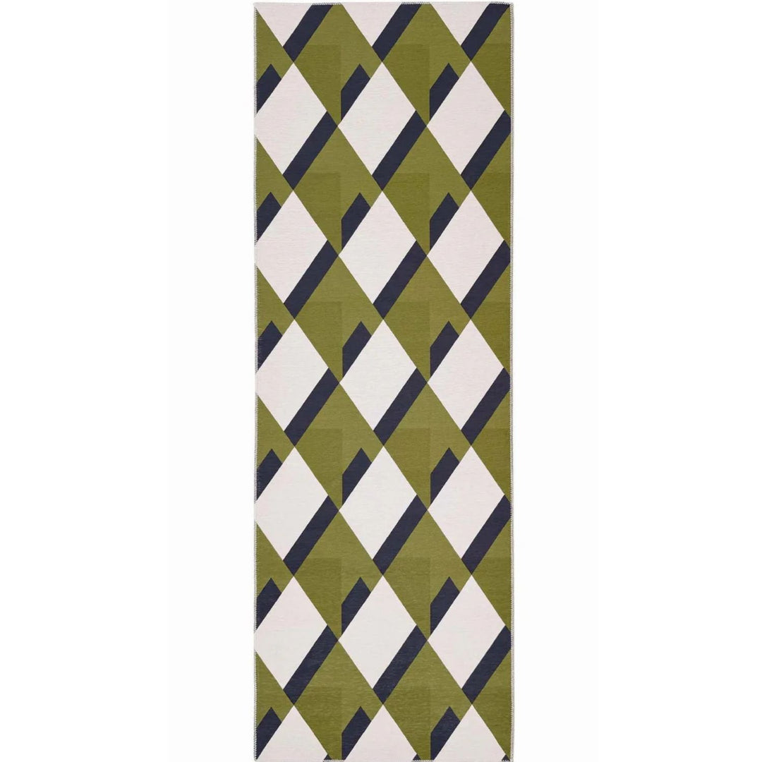 Rectangular green and white patterned rug on a white background