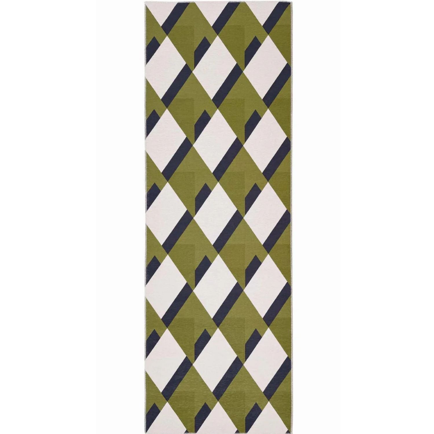 Rectangular green and white patterned rug on a white background