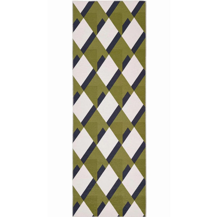 Rectangular green and white patterned rug on a white background