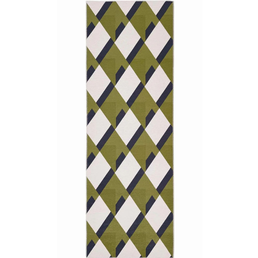 Rectangular green and white patterned rug on a white background