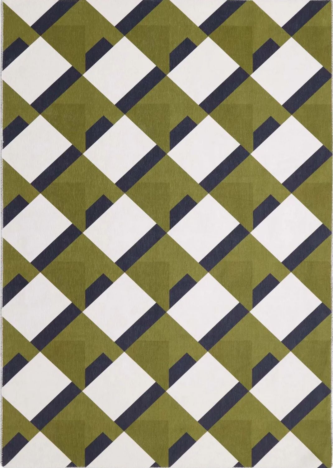 Geometric patterned rug with green, white, and black squares