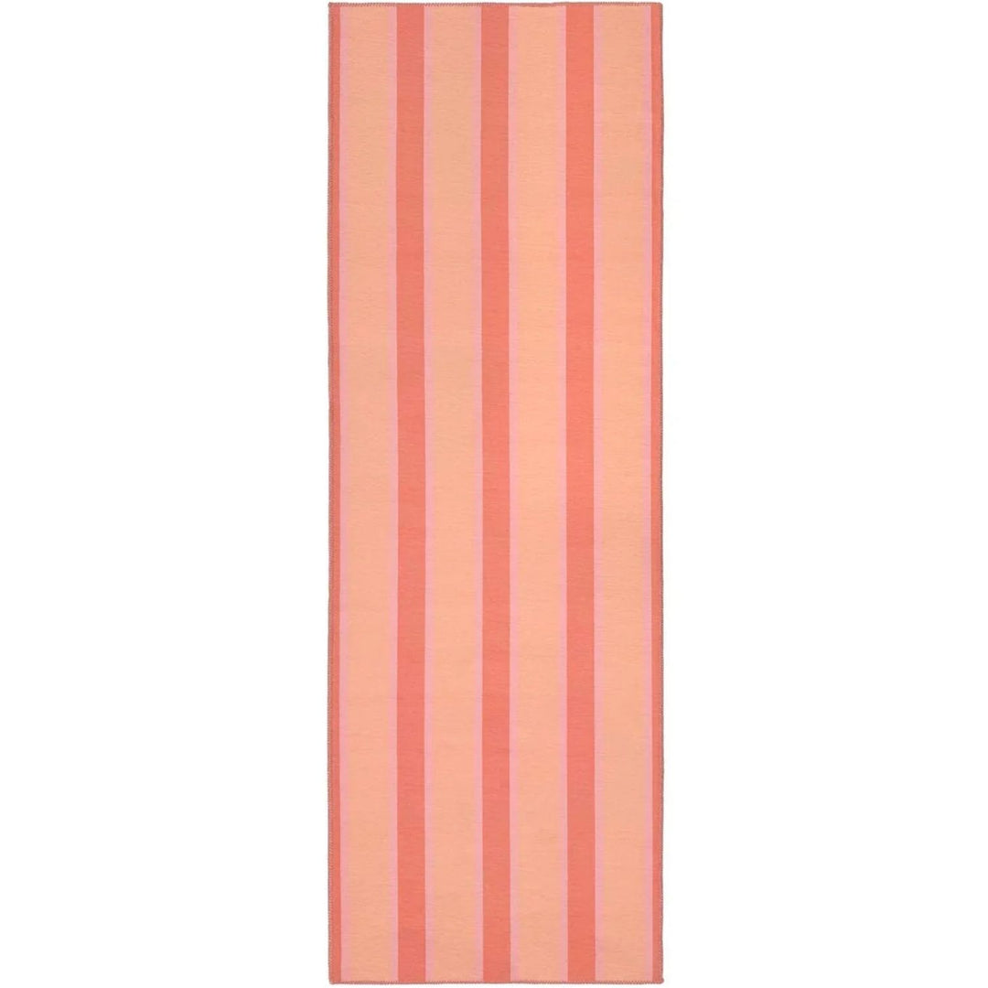 Rectangular towel with vertical pink stripes on a white background