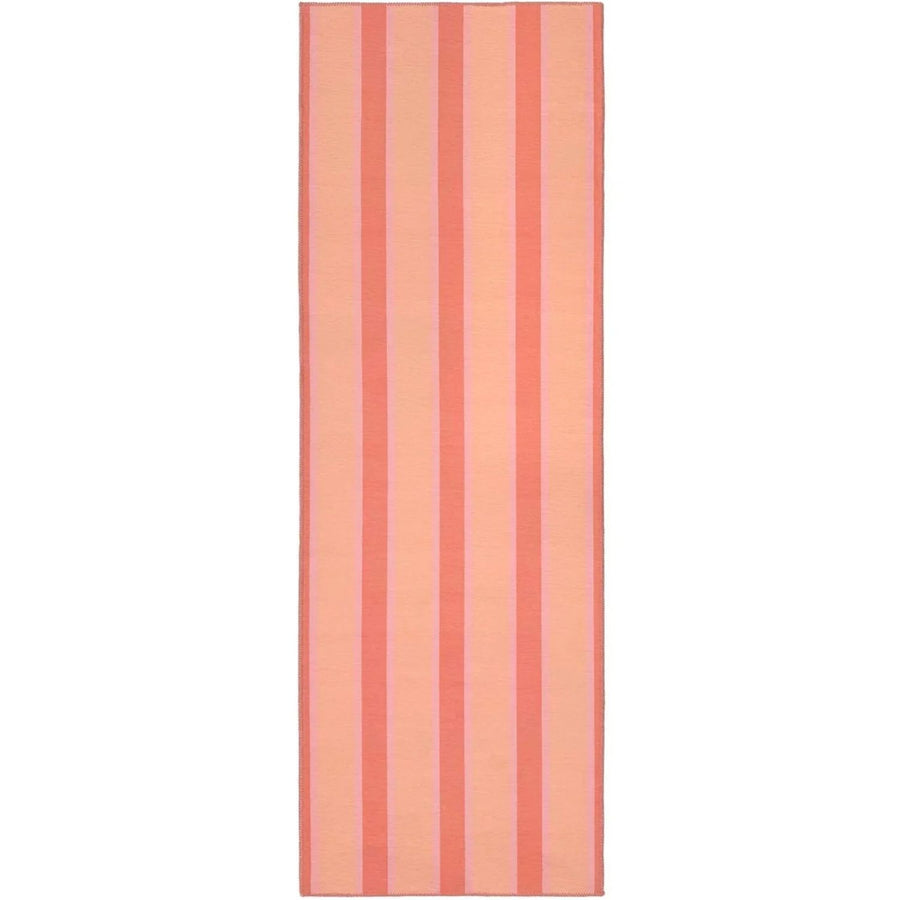 Rectangular towel with vertical pink stripes on a white background