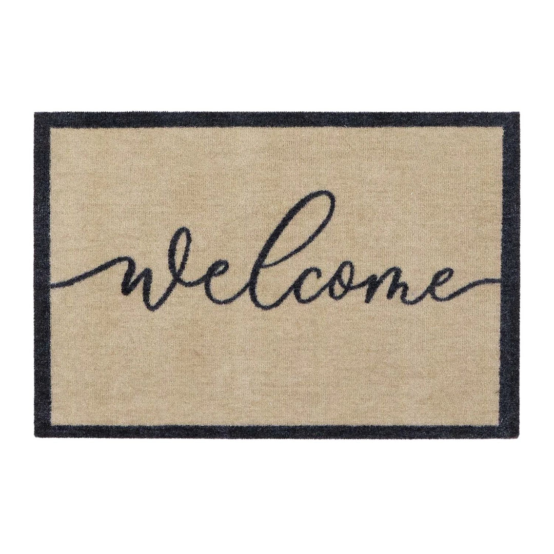 Beige doormat with 'welcome' text on a white background