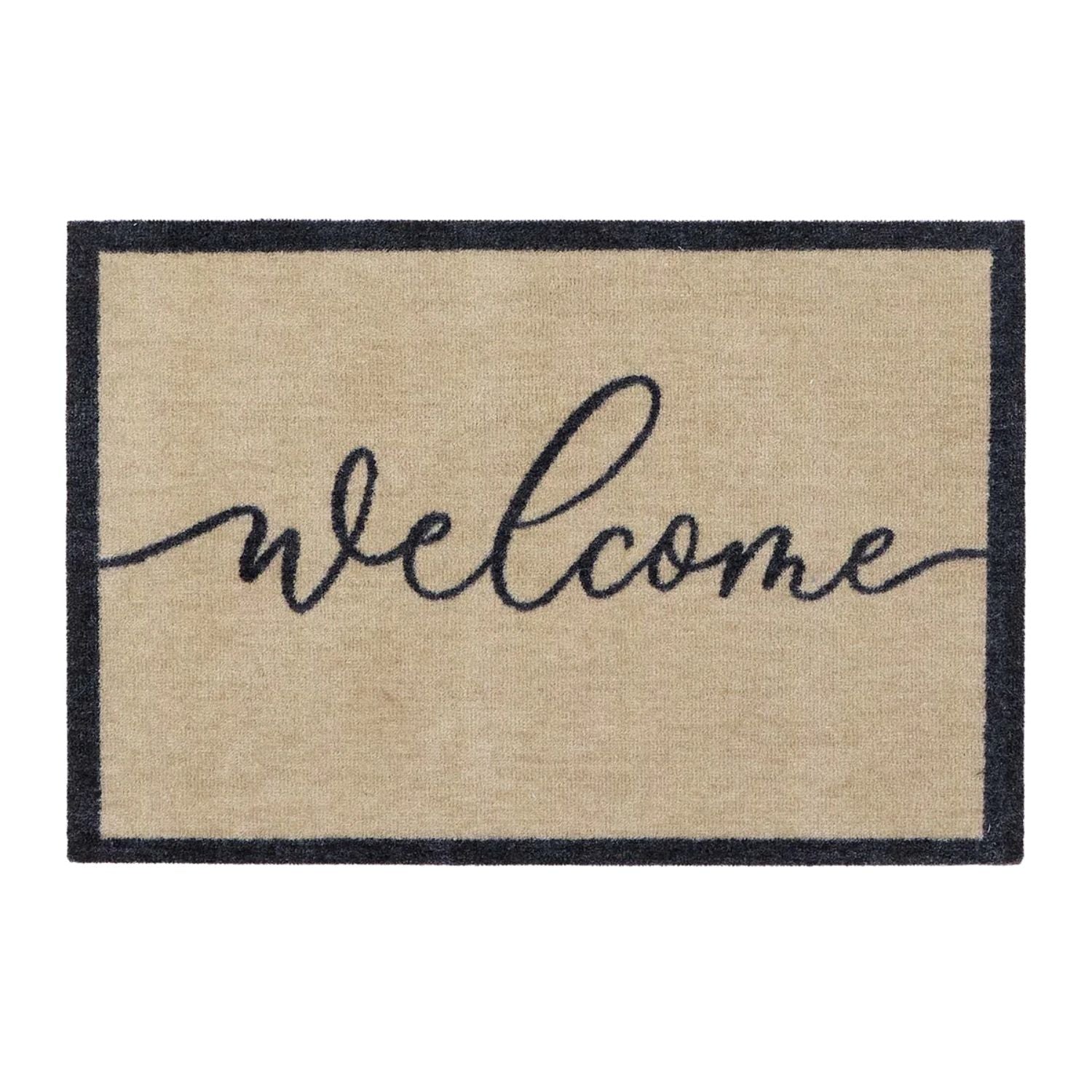Beige doormat with 'welcome' text on a white background