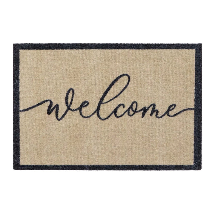 Beige doormat with 'welcome' text on a white background