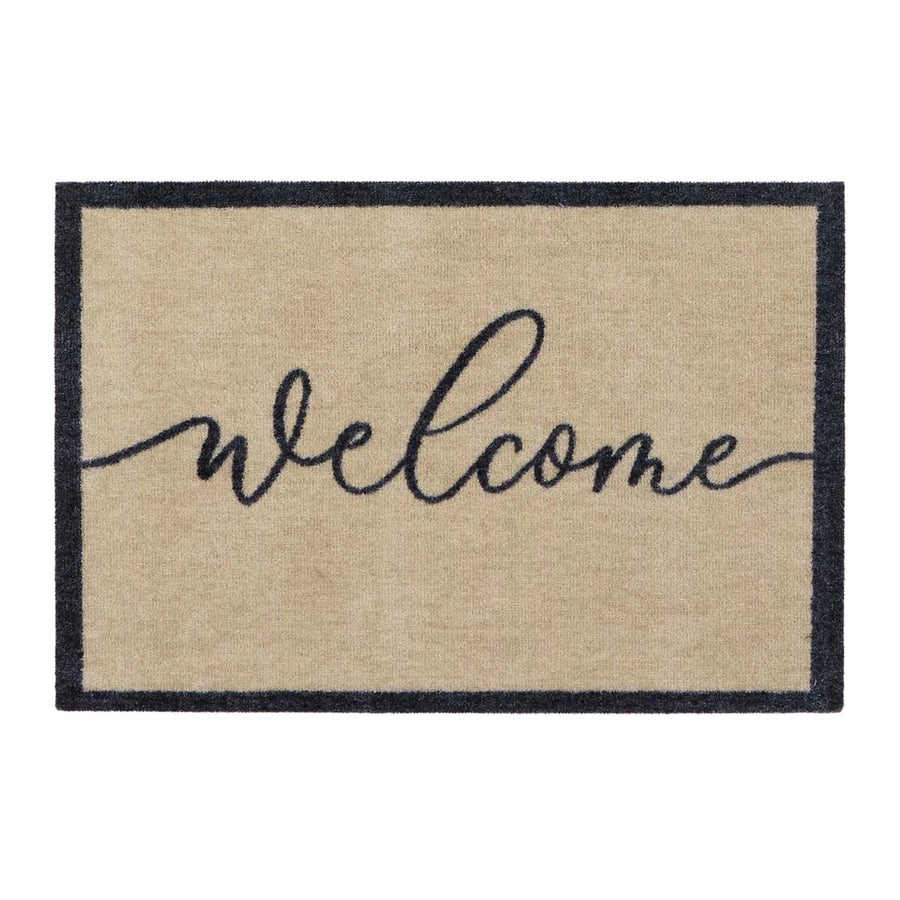 Beige doormat with 'welcome' text on a white background