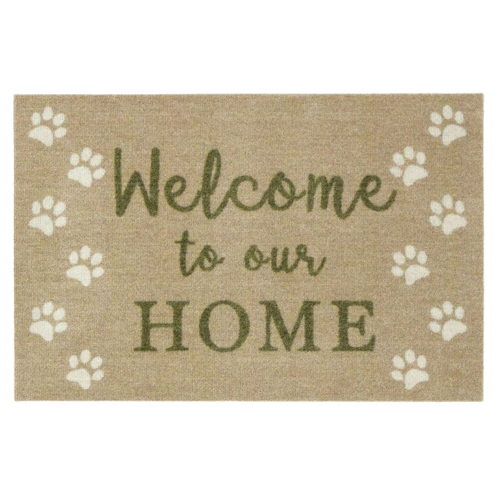 Doormat with 'Welcome to our Home' text and paw prints on a beige background