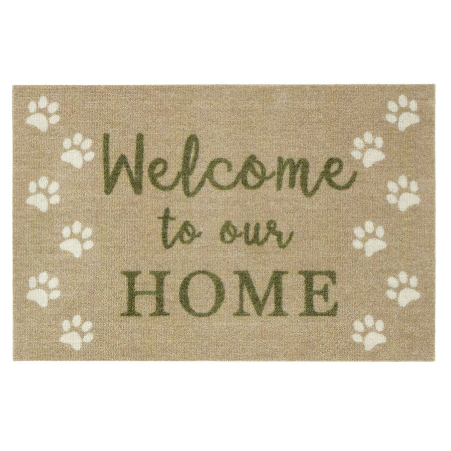 Doormat with 'Welcome to our Home' text and paw prints on a beige background