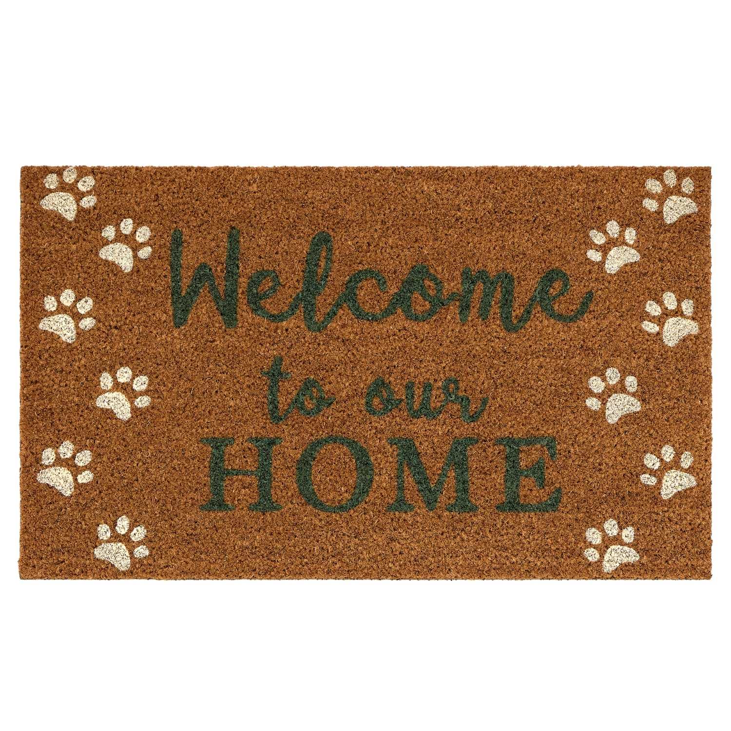 Doormat with 'Welcome to our HOME' text and paw prints on a brown background