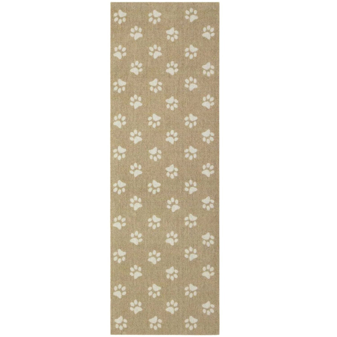 Beige rug with white paw print pattern on a plain background