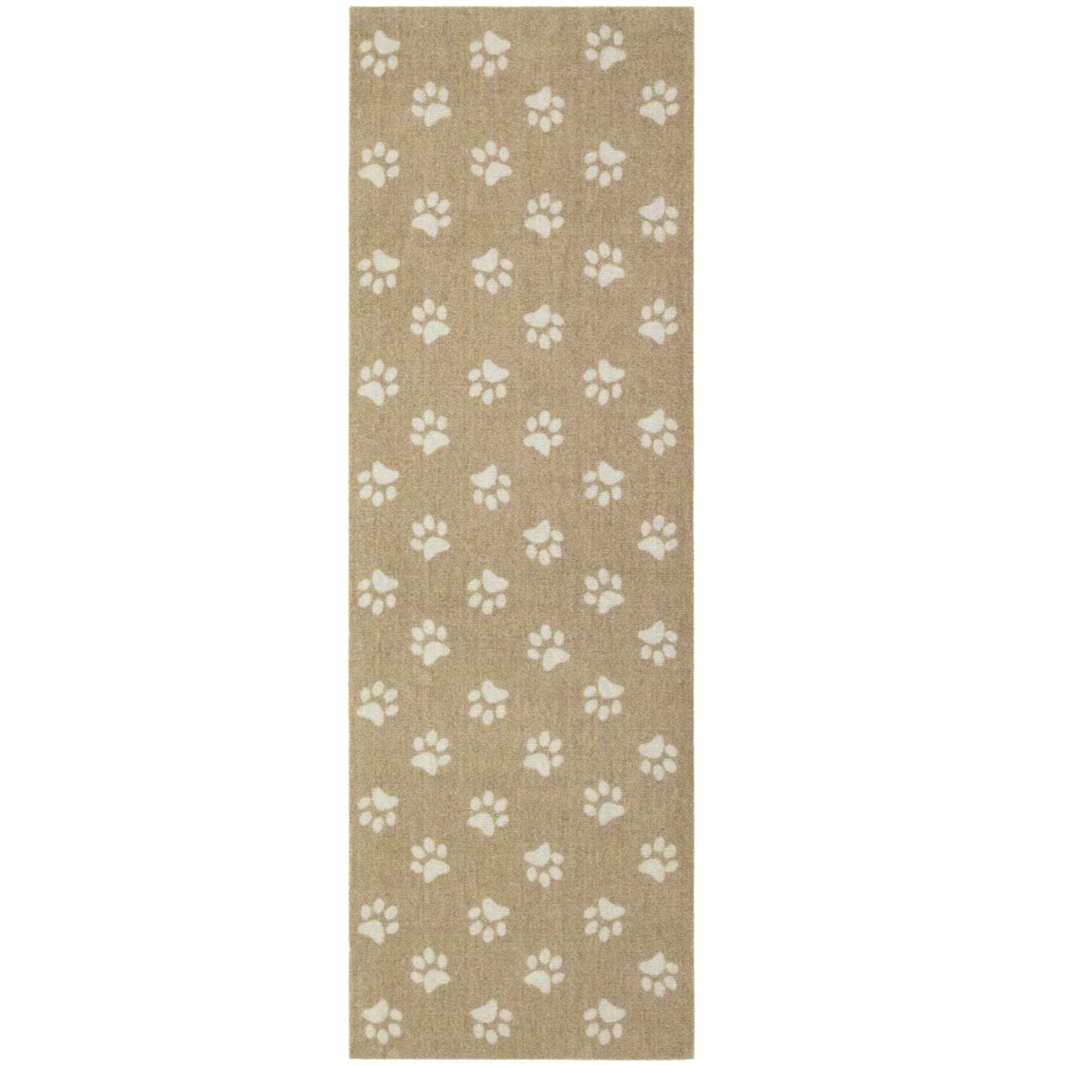 Beige rug with white paw print pattern on a plain background