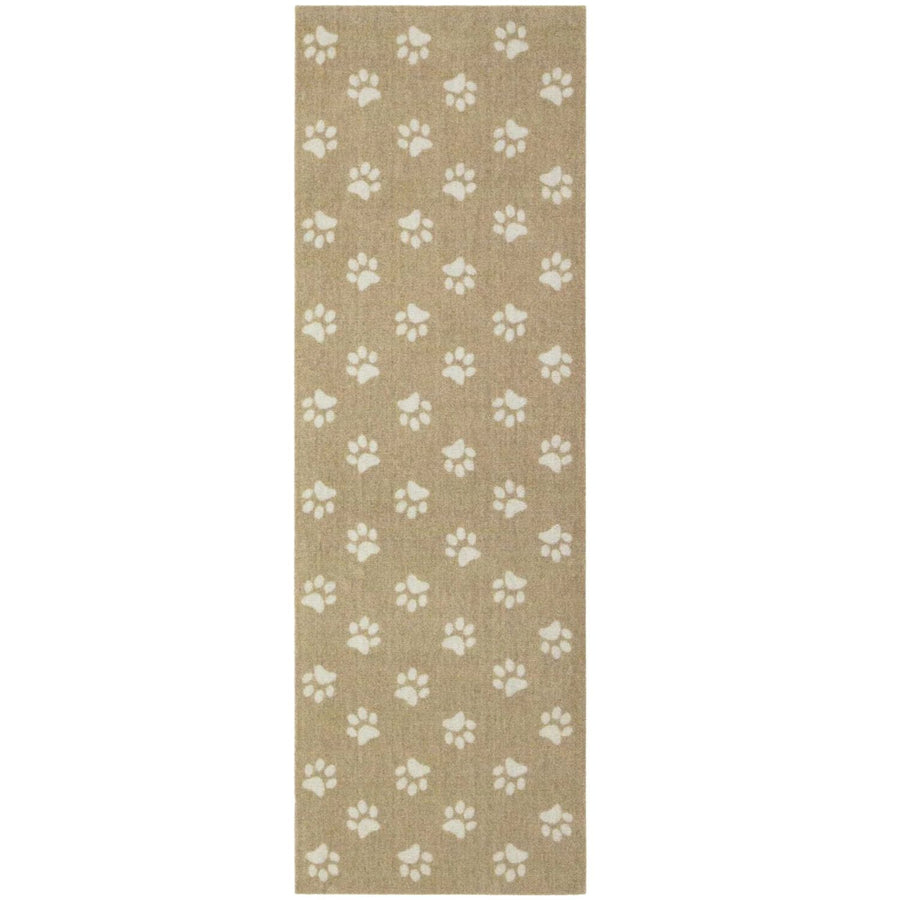 Beige rug with white paw print pattern on a plain background