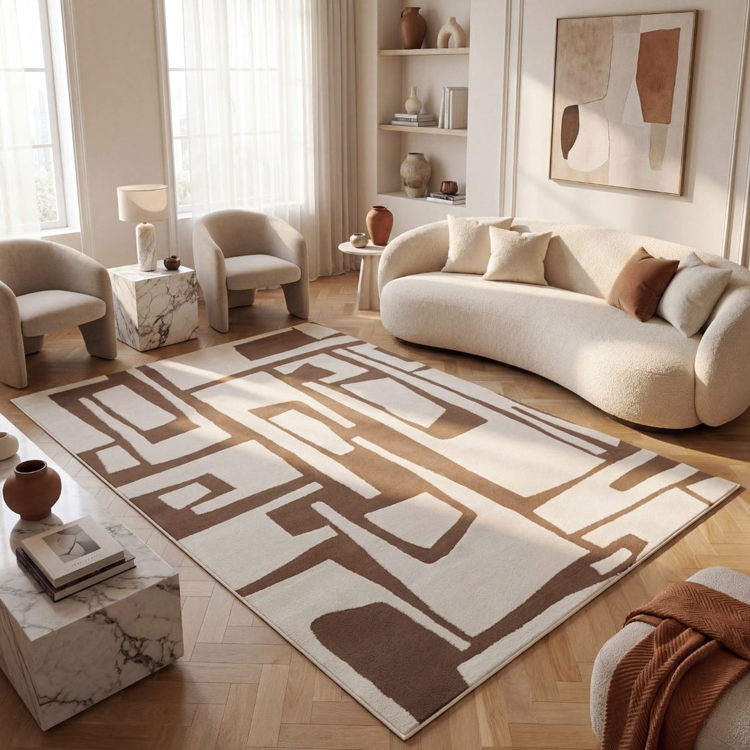 Modern living room with a patterned rug, sofa, and armchairs.