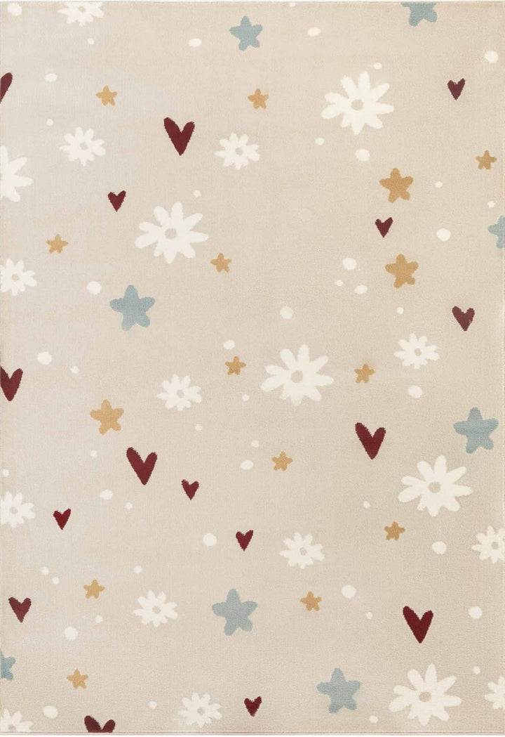 Patterned fabric with hearts, stars, and flowers on a beige background