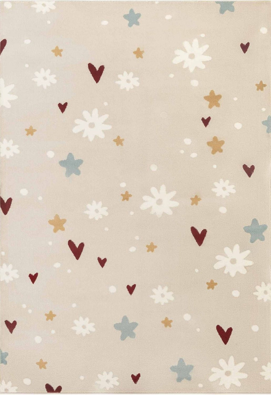 Patterned fabric with hearts, stars, and flowers on a beige background