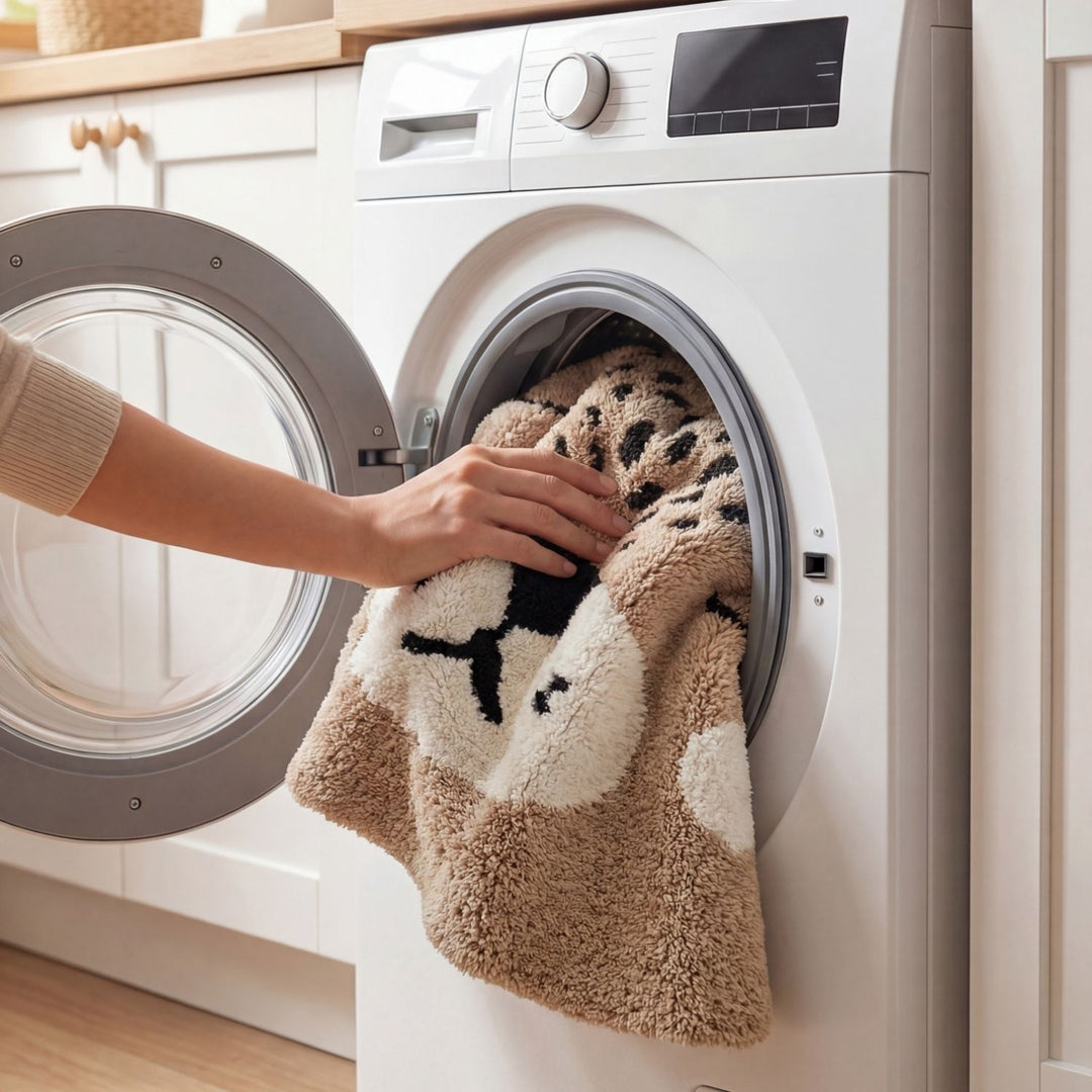 Person placing a towel with a cat design into a washing machine.