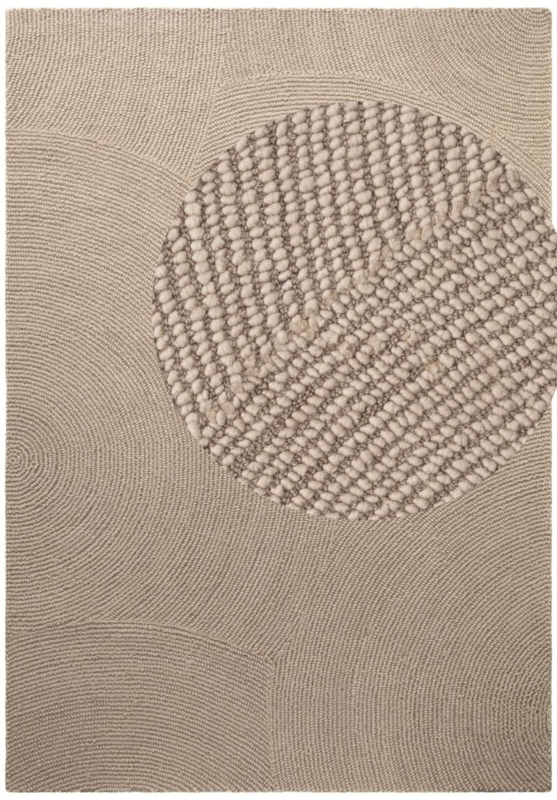 Textured beige rug with circular pattern