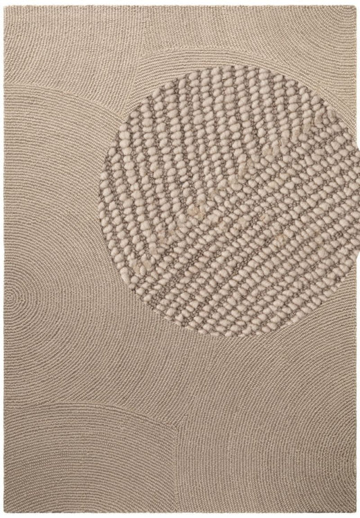 Textured beige rug with circular pattern
