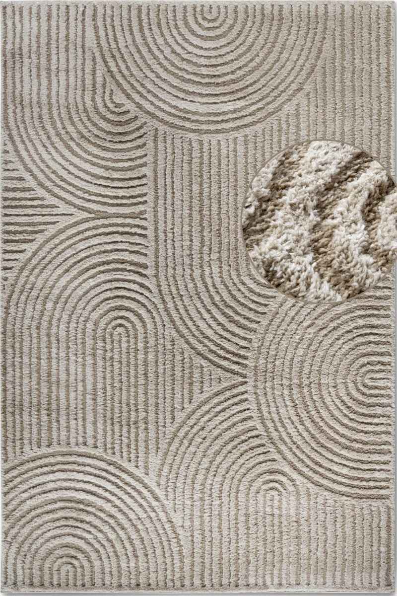 Textured area rug with circular patterns and a natural color palette