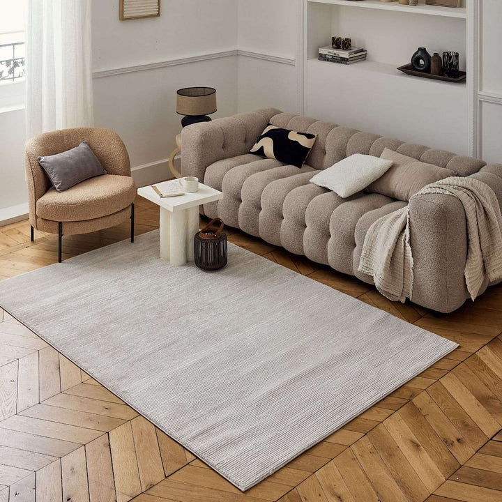 Beige-cream colour, striped design, stain-resistant, Cosy comfort rug.
