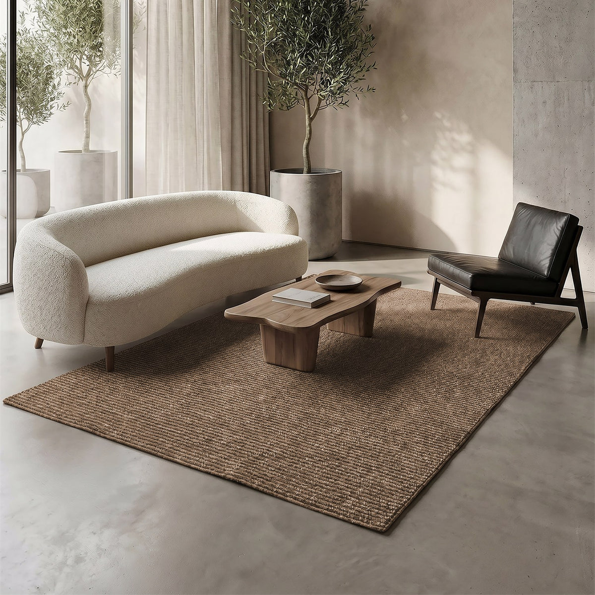 Dune Boucle beige textured rug, styled in a living room | The Rugs