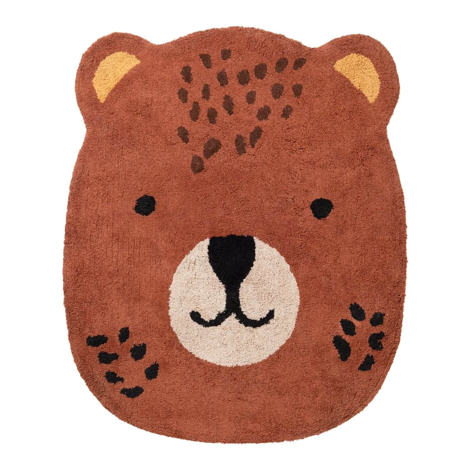Bear-shaped rug with brown fur, black eyes, and a white muzzle on a white background