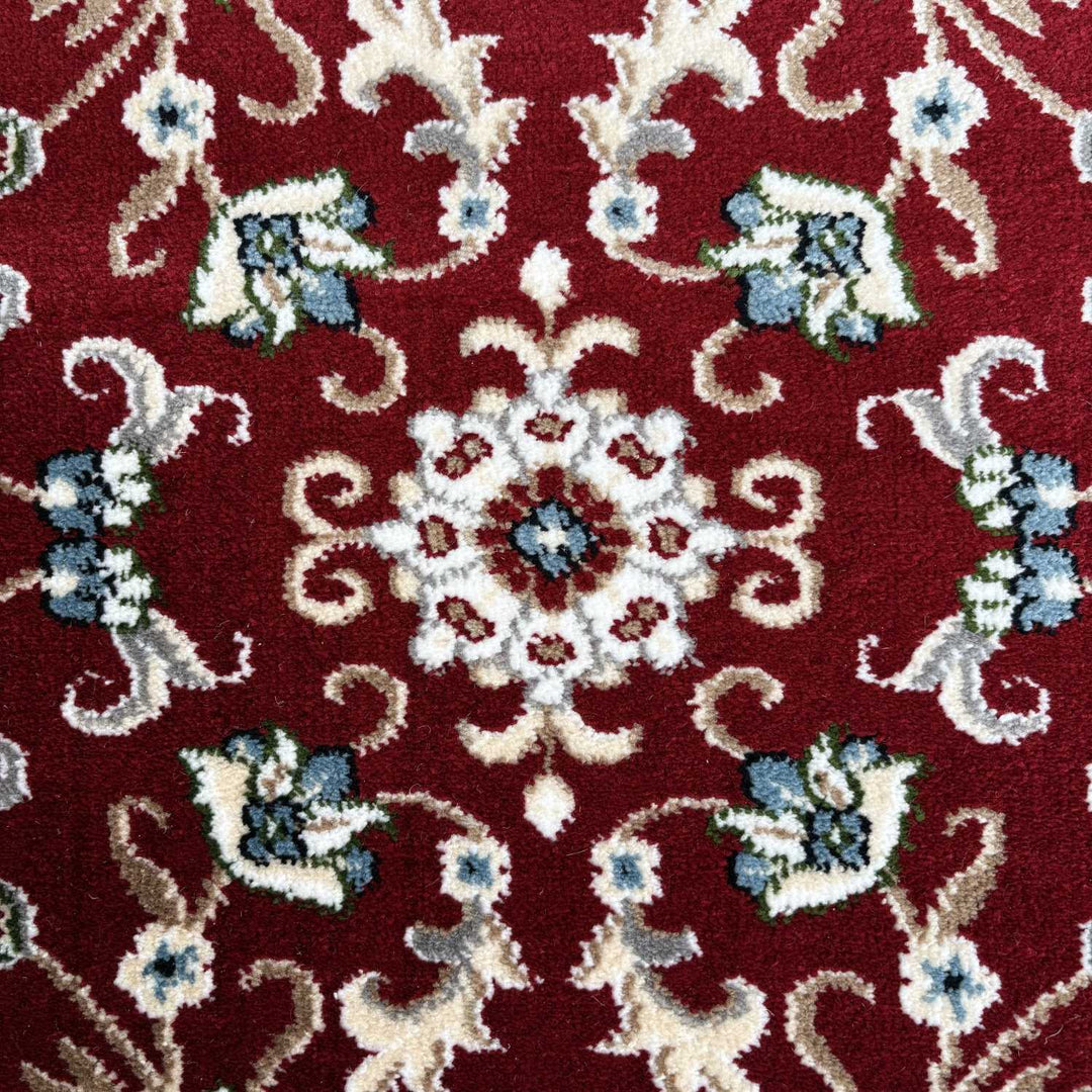 vintage bordered rug red colour, easy care, non-shed.