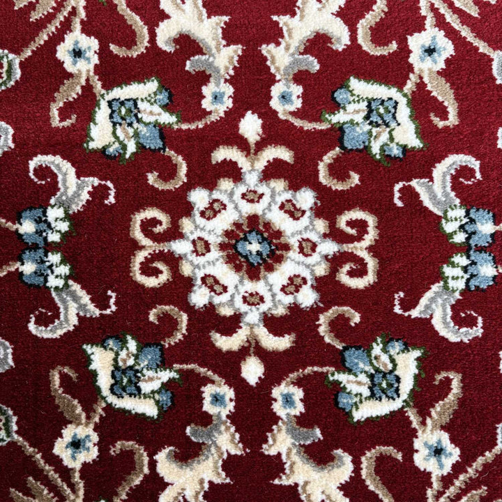 vintage bordered rug red colour, easy care, non-shed.