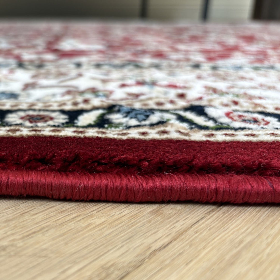 Close-up of a patterned rug with a red border on a wooden floor.