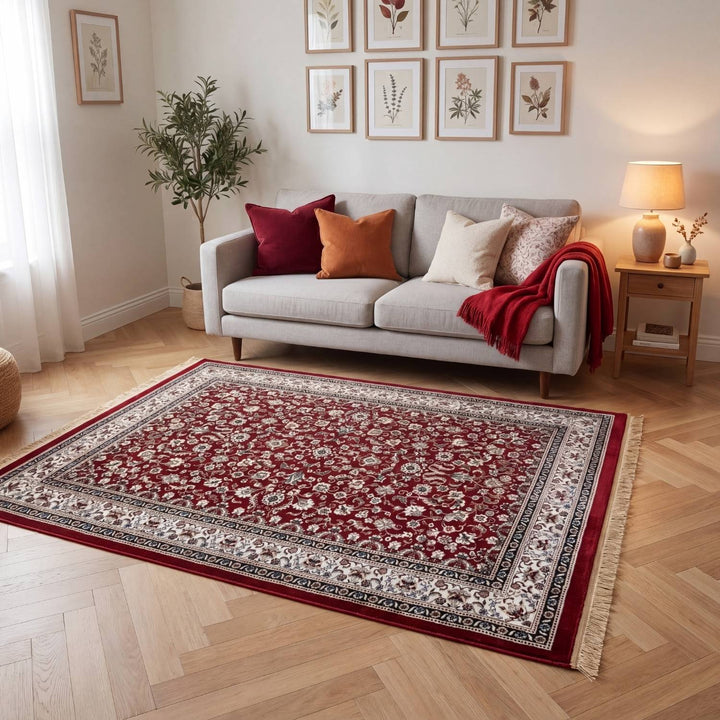 Living room with a red patterned rug, gray sofa, and decorative pillows.