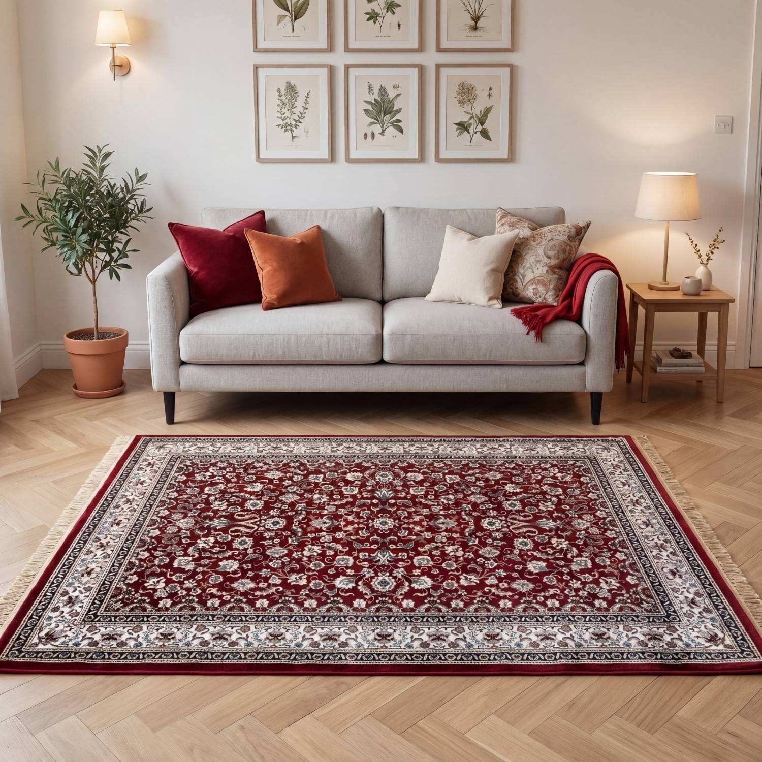 Living room with a red patterned rug, gray sofa, and framed botanical art on the wall.