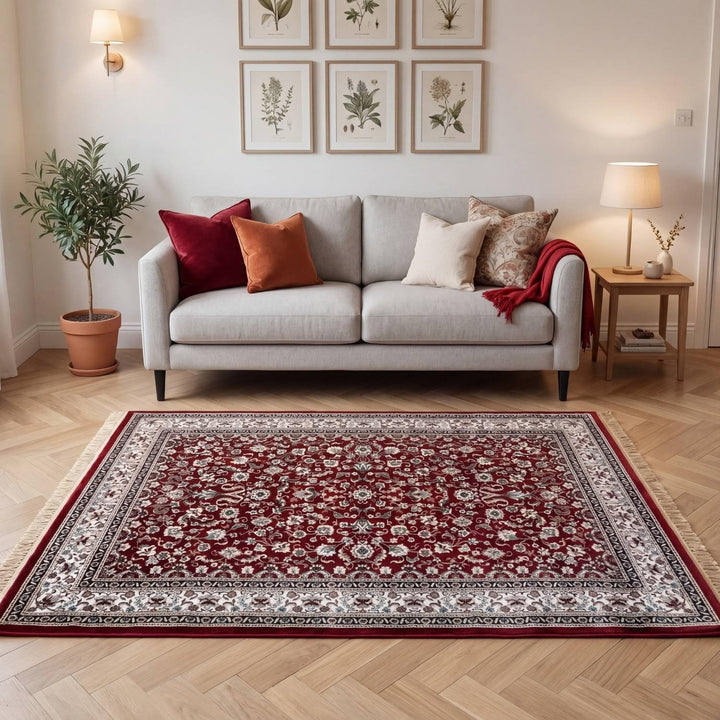 Living room with a red patterned rug, gray sofa, and framed botanical art on the wall.