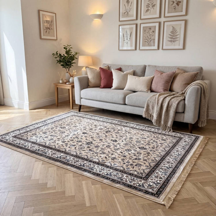 Living room with a patterned rug, gray sofa, and framed artwork on the wall.