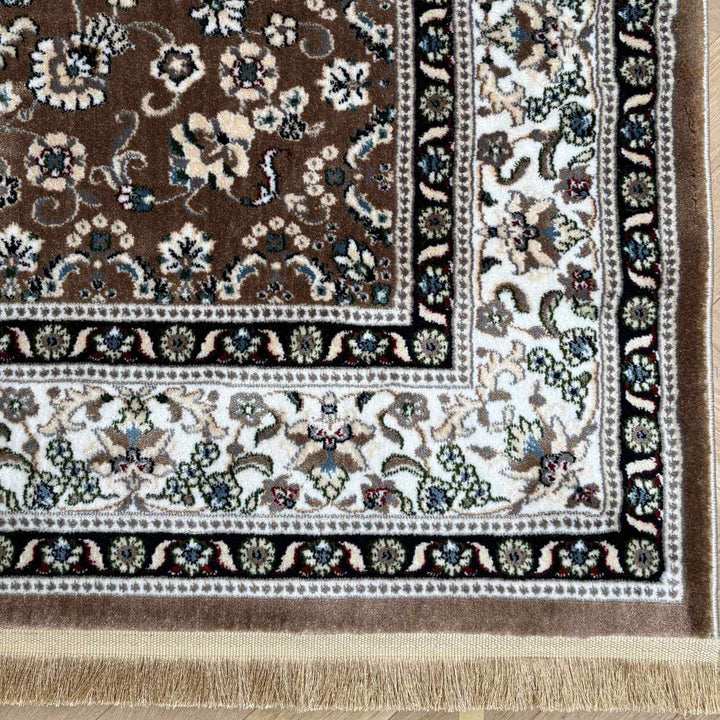 Close-up of a patterned rug with intricate designs on a brown background