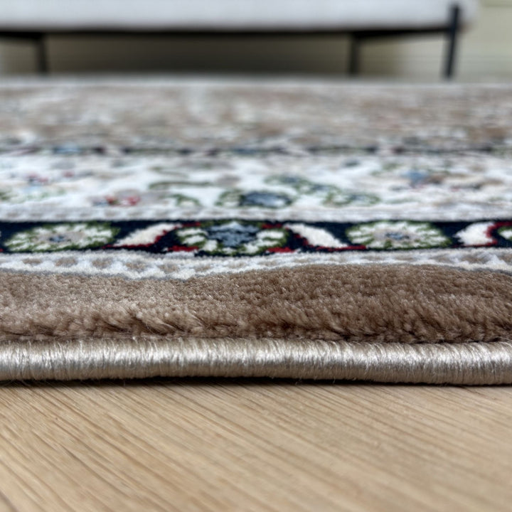 Close-up of a patterned rug on a wooden floor