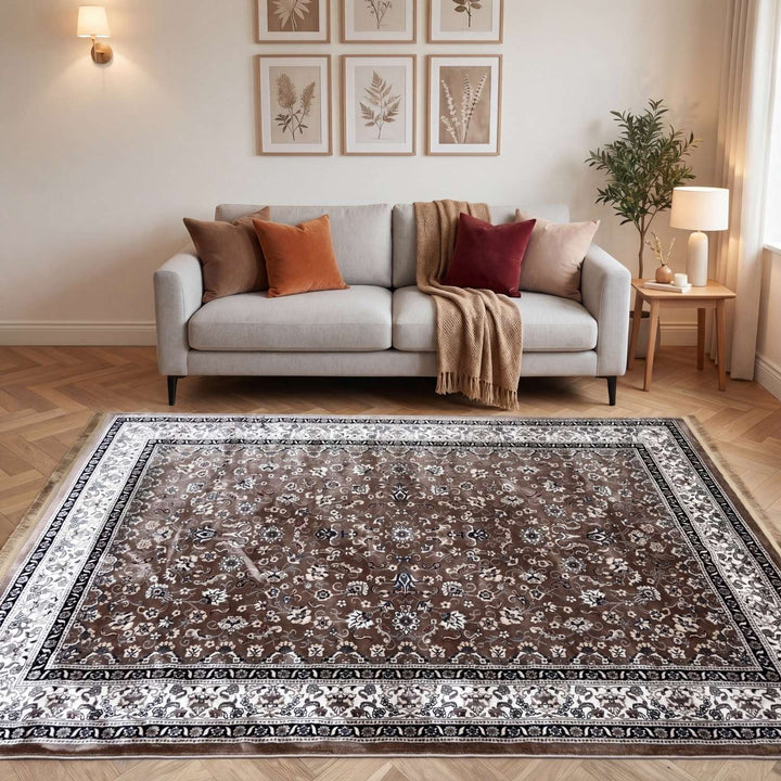 Living room with a patterned rug, sofa, and decorative pillows.