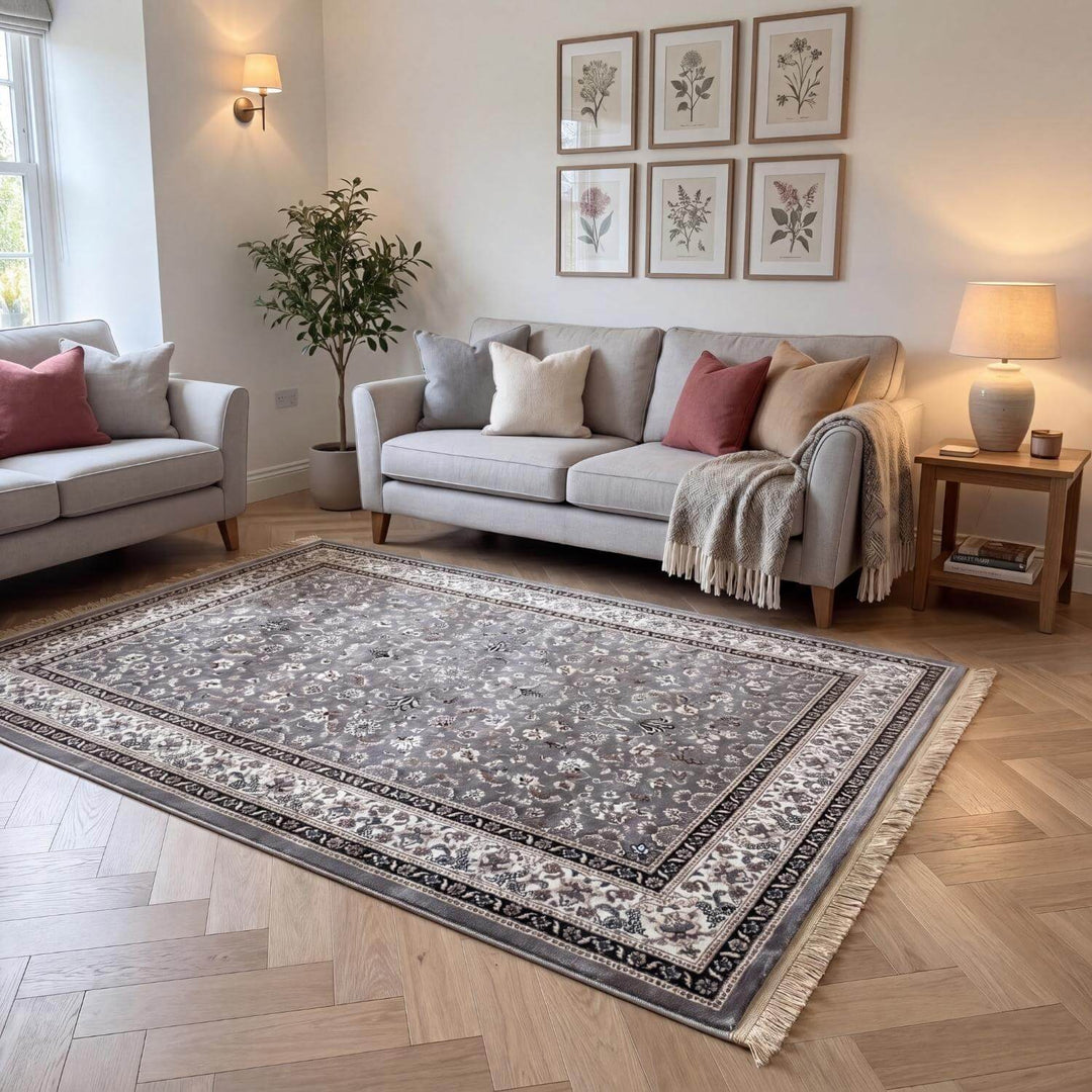 Living room with a patterned rug, gray sofa, and framed artwork on the wall.