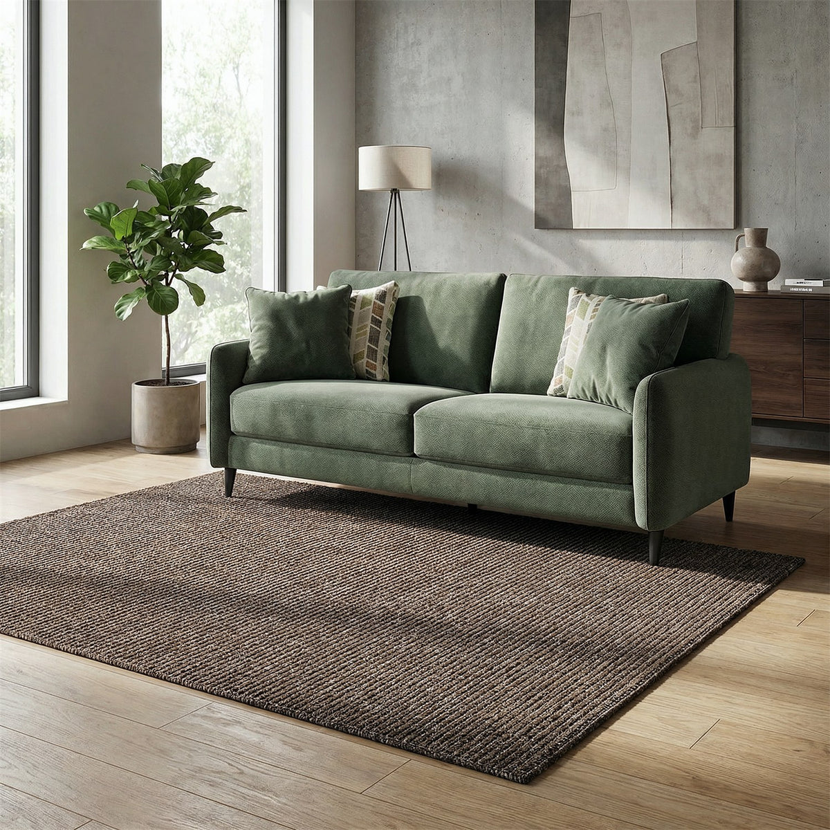 Dune Boucle brown textured rug, styled in a living room | The Rugs