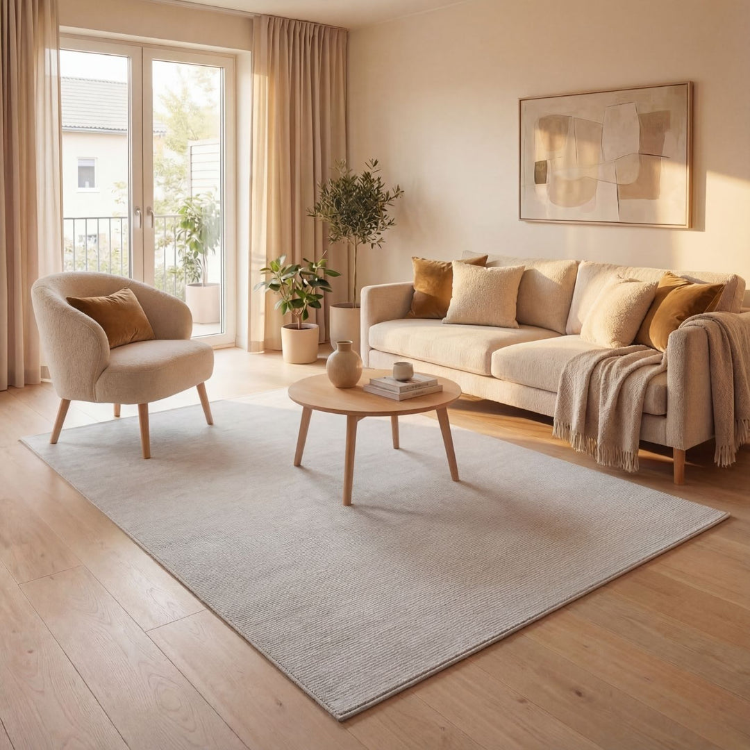 cream colour, striped design, stain-resistant, Cosy comfort rug.