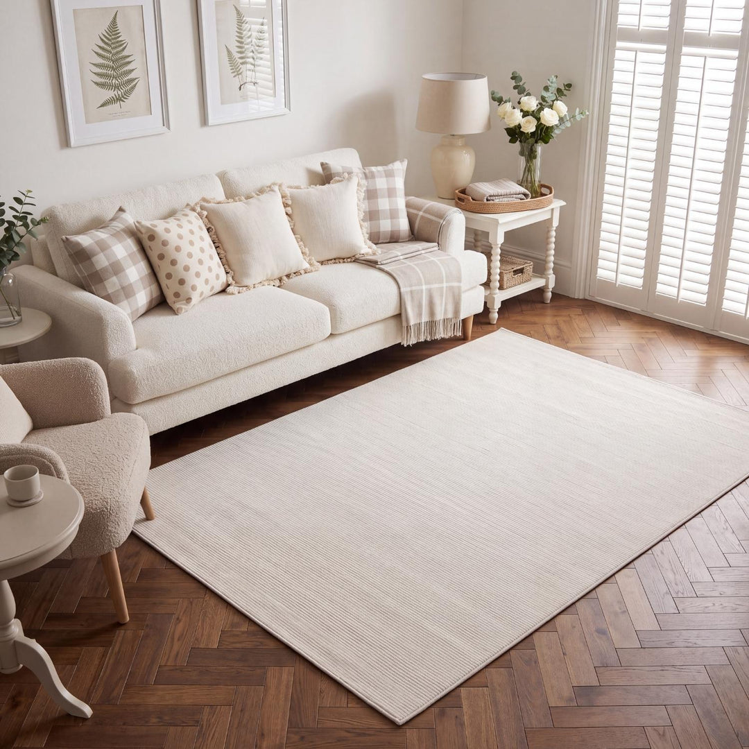 cream colour, striped design, stain-resistant, Cosy comfort rug.